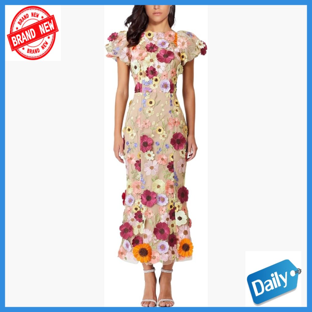 3d Floral Embroidery Dress Ruffle Sleeve Fishtail Lace Bodycon Party Cocktail